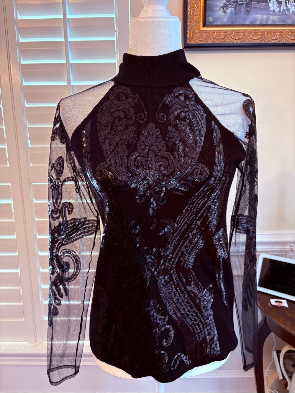 INC International Concepts Black Sequin Mesh Turtleneck
